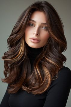 92+ Gorgeous Dark Brown Hair with Highlights Ideas! Rich Brown Hair With Highlights, Indian Hair Highlights, Highlights 2024, Color 2025, Dark Brown Hair With Highlights, Rambut Brunette, Highlights Ideas, Butterfly Haircut, Ram Ji