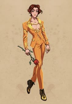 a woman in an orange suit holding a red rose and wearing black boots with her hands on her hips