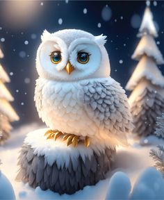 an owl sitting on top of a pile of snow