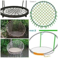 four different types of outdoor furniture including a swing chair, round table and circular bench