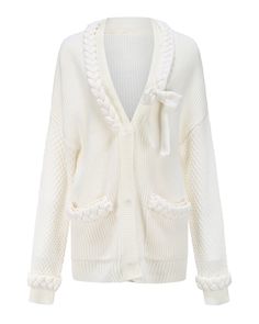 cosy winter statement cardigan made with in rich ivory with plait detailing around the neckline, pockets and cuffs in a super soft wool blend which is built to last. Cardigan is a relaxed fit. Sleeves are made in a contrast honeycomb stitch. Fitted Cardigan, Winter Collection