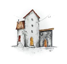 a drawing of an old church with two doors