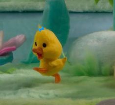 a yellow rubber duck floating on top of water next to other toy animals and plants