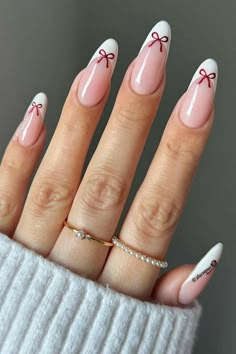 Colored French Nails Ideas, Nail Art With Bows, Pointy Almond Nails French Tip, Bow And Pearl Nails, Acrylic Nails Inspo Simple, Bow Holiday Nails, Paris Inspired Nails, Nails For Paris, Paris Nails Designs