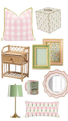 a collage of pink and green items including a chair, mirror, lamp, table with flowers on it