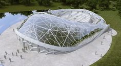 an artist's rendering of a futuristic building in the middle of a park with people walking around it