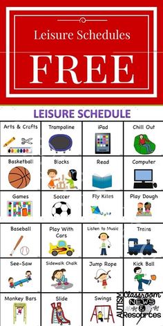 the leisure schedule is shown in red and white, with an image of children's activities