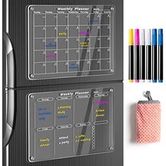 two refrigerators side by side with magnets and markers on the front one has a dry eraser next to it