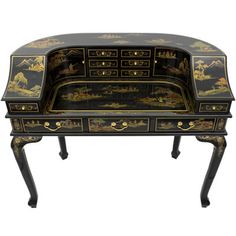 This is both an outstandingly beautiful, heirloom-quality piece of fine decor, as well as an exceptionally practical and functional writing desk. With convenient nooks, crannies, pigeon holes, and drawers for organizing commerce and correspondence finished with elegant, durable, gloss Chinese black lacquer, and decorated with elegant hand-painted art. | World Menagerie Sotomayor Secretary Desk Wood in Black/Brown, Size 39.5 H x 48.0 W x 24.0 D in | Wayfair Lacquer Desk, Wood Secretary Desk, Curved Desk, Chinoiserie Design, Secretary Desk, Secretary Desks, Desk And Chair Set, Black Desk, Black Lacquer