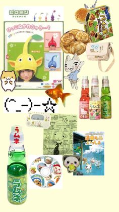 an assortment of items are displayed on a yellow background with the words hello kitty written in japanese