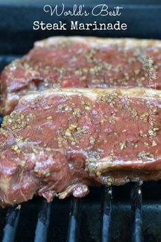 steak marinade on the grill with text overlay