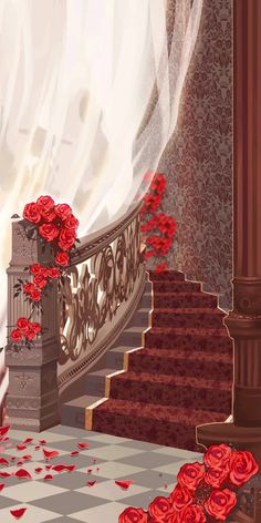 a staircase with red roses on the steps