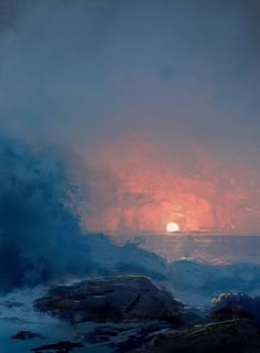 a painting of the sun setting over water with rocks in foreground and clouds in the background