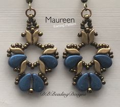 a pair of blue and gold earrings on a white background with the words maureen earring pattern below it