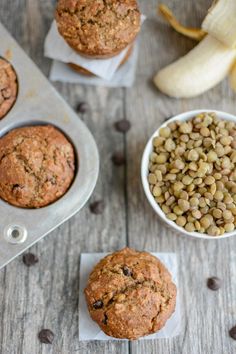 muffins and bananas on a wooden table