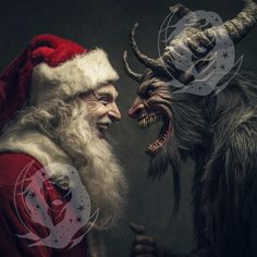 a man dressed as santa claus and a demon face each other in front of a dark background