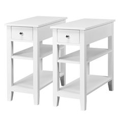 two white side tables sitting next to each other