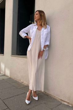 Slip Dress Linen Shirt, Loose Slip Dress Outfit, Oversized Shirt Over Dress, Slip Dress Shirt Outfit, Shirt Over Slip Dress, V-neck Slip Dress For Summer Loungewear, White Summer Slip Dress With Spaghetti Straps, White V-neck Slip Dress With Adjustable Straps, White Spaghetti Strap Slip Dress For Summer