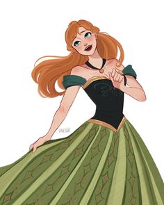 a woman in a green and black dress with her hands on her hips, looking like she