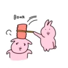 a drawing of two rabbits with a yarn ball on their head and the words bonk above them