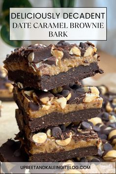 deliciously decadent date caramel brownie bark with chocolate chips and nuts on top