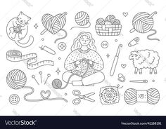 the girl is knitting and knitting yarns in black outline on white background with scissors