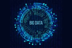 the word big data is displayed in front of a blue background with circles and dots