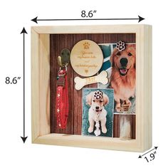 a wooden frame with a dog's photo and keychain attached to it