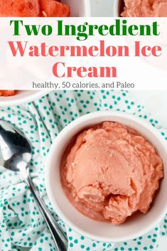 two bowls filled with watermelon ice cream on top of a blue and white towel