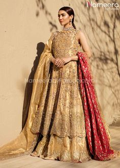 Buy Pakistani Bridal Dresses-Royal Lehenga Bridal for Wedding with Long Shirt-Pakistani Bridal Wear With Dabka, Nagh, Zari, Embroidery, Patch Work In USA, UK, Canada, Australia Visit Now : www.NameerabyFarooq.com or Call / Whatsapp : +1 732-910-5427 Saree With Shawl, Gold Gharara, Tissue Gown, Royal Lehenga, Tissue Lehenga, Heavy Lehenga, Lehenga Bridal, Lehenga Dupatta, Red Shawl