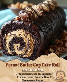 a chocolate cake roll with peanut butter icing