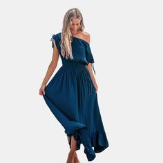 The Blue Off-Shoulder Flounce Hem Maxi Dress is your new partner in style. With its playful off-shoulder cut and a flouncy hem, this dress brings a bit of fun to any occasion. It’s not just a dress—it’s a mood booster. Product code: CAA05A4G062HH Blue Off Shoulder Maxi Dress For Spring, Blue Off-shoulder Beach Dress, Blue Off-shoulder Dress For Beach, Blue Off Shoulder Dress For Summer Day Out, Blue Off-shoulder Casual Dress For Vacation, Blue Off-shoulder Dress For Summer Day Out, Blue Off-shoulder Dress For A Summer Day Out, Blue One-shoulder Maxi Dress For Summer, Blue One Shoulder Ruffle Dress For Spring