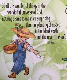 a child wearing overalls and a straw hat is holding a basket with seeds in it