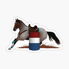 a sticker depicting a horse jumping over a red, white, and blue barrel