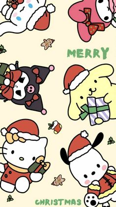 hello kitty christmas wallpaper with santa hats and other cartoon characters on the back ground