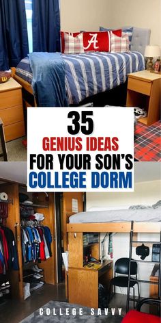 the college dorm room is decorated in blue and white stripes, with text overlay that reads 35 genius ideas for your son's college dorm