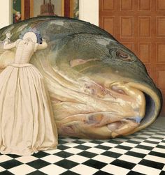 a woman standing next to a giant fish on a checkered floor in front of a door