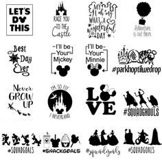 some disney silhouettes are shown in black and white with the words let's do this