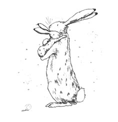 a black and white drawing of a rabbit with its back to the camera, looking up