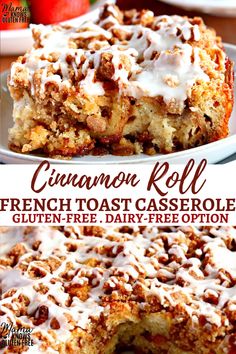 cinnamon roll french toast casserole on a plate with the rest of the casserole in the background