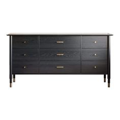 a black dresser with brass handles and drawers on it's sides, against a white background