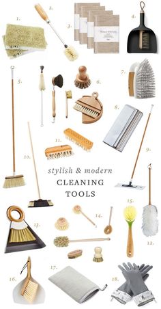 various types of cleaning tools are shown in this graphic style, including brooms and mop