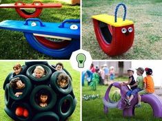 there are four pictures of children playing in different playgrounds, one has a slide and the other has a tire