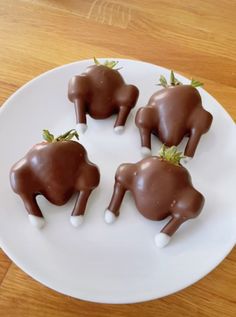 four chocolate elephants sitting on top of a white plate