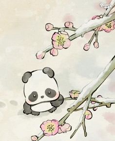 a panda bear sitting on top of a tree branch with flowers in front of it