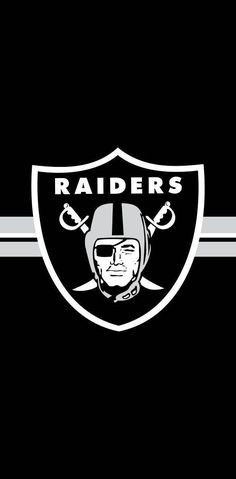 the oakland football team logo is shown on a black background with silver stripes and a white helmet