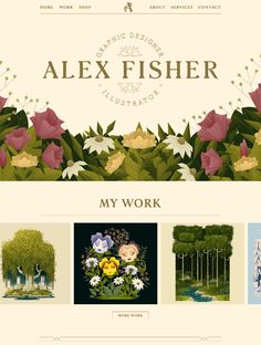 the homepage for alex fisher's website is shown with flowers and plants on it