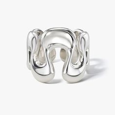 Our Boldest Ring yet. This sterling silver version of our Sené Ring is a statement ring like no other. Inspired by curving lines in Afro-modernist architecture from Senegal, this showstopper is an unforgettable piece that brings all the chic to any look. Choose between two finishes: A soft matte "Brushed Satin" finish and ultra glossy "High Polish". The interior of both styles is smooth high polish for a comfortable fit. We recommend ordering half a size larger than your usual to ensure the best Modern Open Band Jewelry With Shiny Finish, Sculptural Jewelry With Polished Finish For Formal Occasions, Modern Sterling Silver Dome Ring With Open Band, Elegant Metal Dome Ring With Polished Finish, Modern Dome Ring With Open Band, Contemporary Open Band Rings For Formal Occasions, Elegant Polished Metal Dome Ring, Modern Wide Band Ring With Polished Finish, Modern Wide Band Ring In White Gold Sterling Silver