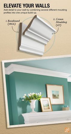 an image of a living room with blue walls and white molding on the ceiling