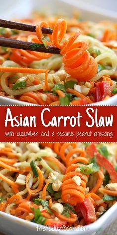 Carrot Asian Slaw has carrots, cucumber, red bell peppers, green onion and peanuts all in a homemade sesame dressing. #CarrotSlaw #CarrotSlawRecipe #AsianSlaw #AsianSlawRecipe #CarrotSlawAsian #AsianCarrotSlawRecipe #AsianCucumberCarrotSlaw #AsianCucumberAndCarrotSlaw Pepper Slaw Recipe, Cucumber Asian, Slaw For Tacos, Asian Slaw Recipe, Top Dinner Recipes, Peanut Salad, Carrot Slaw, Asian Slaw, Sesame Dressing